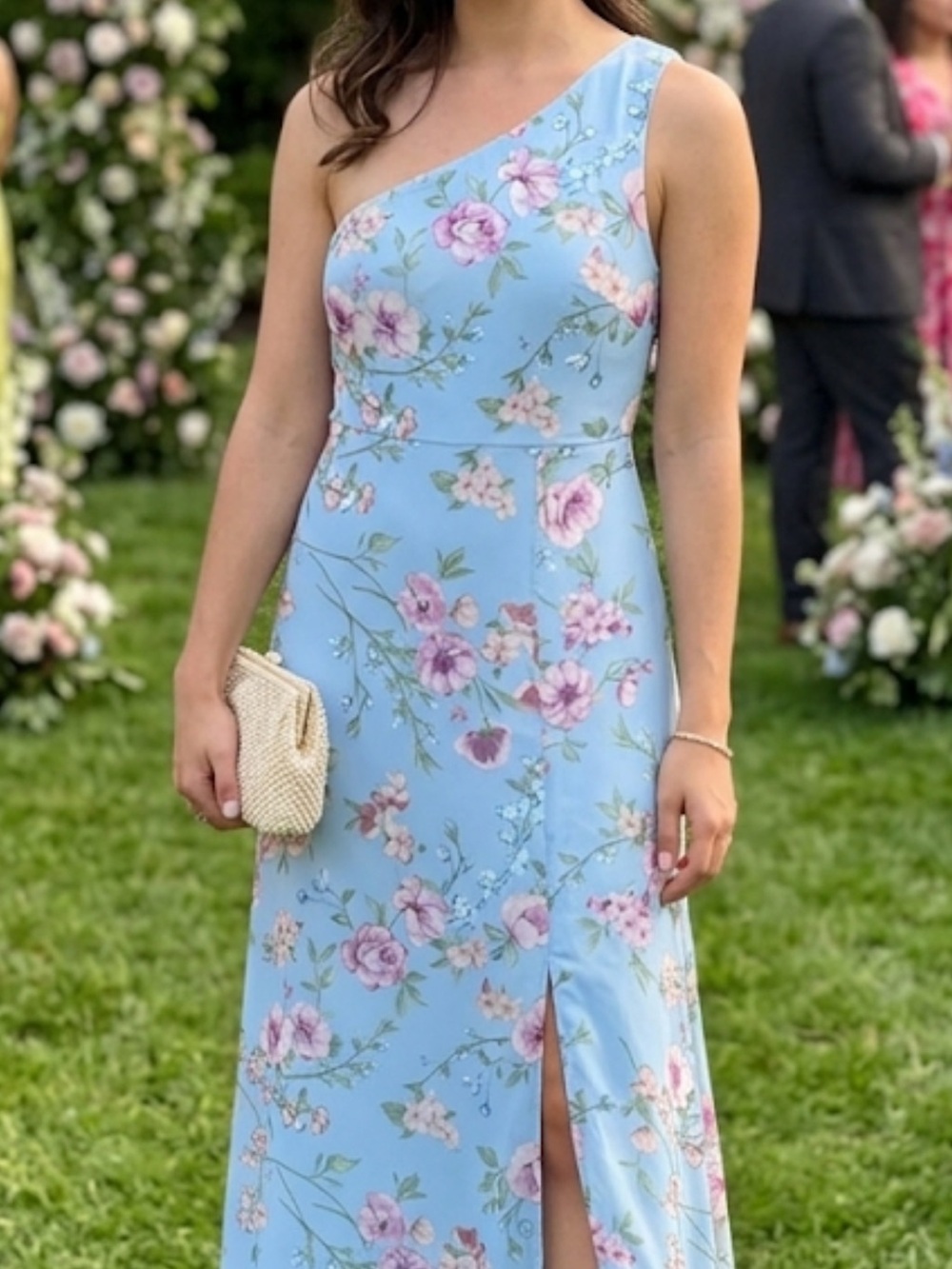 Lulus Elegant Admiration Flawed One Shoulder Maxi Floral pastel Blue Dress Small